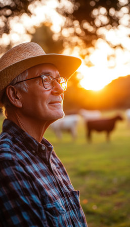 Golden Hour Gratitude Senior Farmer Reflects in Meadow at Sunset with Cows, Serene Countrysideの素材