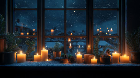 Snowy Window View Cozy Holiday Ambiance with Candles, Pine Branches, and Falling Snowの素材