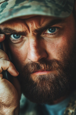 Combat Communications Soldier Focused with Urgency During Deployed Military Operationの素材