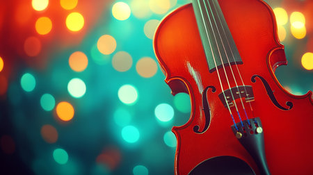 Close-up of a Violin with Festive Bokeh Background, Perfect for Music and Celebration Concepts.の素材