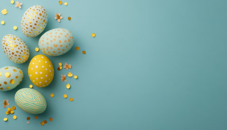 Easter Eggs on Blue Pastel Elegance, Gold Accents, Festive Confetti. Holiday Backgroundの素材