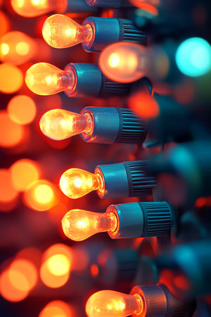 Abstract Background Of Glowing Light Bulbs In Rows, Warm Festive Lights, Celebration And Technology.の素材