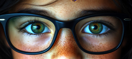 Close-Up of Childs Freckled Face With Black-rimmed Glasses, Emphasizing Curious Eyesの素材