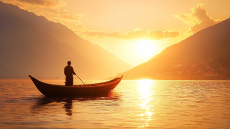 Solitary Man in Boat on Tranquil Lake at Sunset, Embracing Golden Hour and Mountain Views.の素材