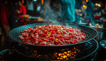 Sizzling Chopped Beef with Red and Green Peppers Cooking in Wok over Open Fire at Night Marketの素材