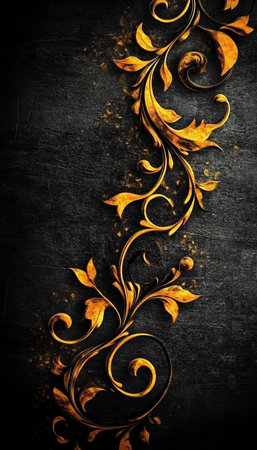 Opulent Gold Floral Design, Elegant, Ornate Decorative Swirls on a Dark Grunge Background.の素材