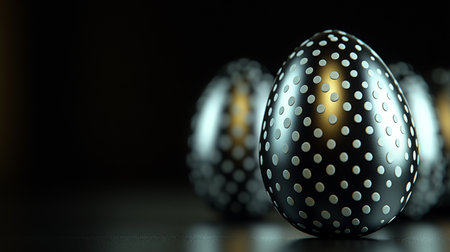 Black And Silver Polka Dot Easter Eggs On Black Background, With Space For A Text Ornamentの素材