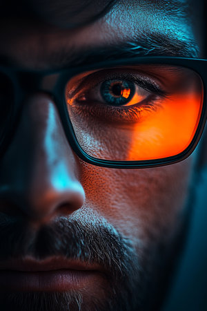 Close Up Mans Face with Distinctive Glasses and Partial Lighting, Contemporary Optics, Expressiveの素材