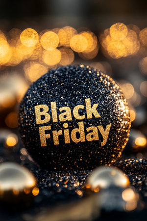 Black Friday Sale, Black and Gold Glitter Ornament with Festive Bokeh Lights Backgroundの素材