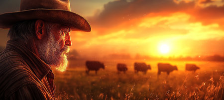Serene Sunset on the Ranch A Grizzled Cowboy Reflects on a Lifetime in the Cattle Businessの素材