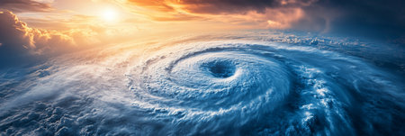 Hurricane Eye, Majestic View of Powerful Cyclone Swirling Over Ocean at Sunset, Bannerの素材