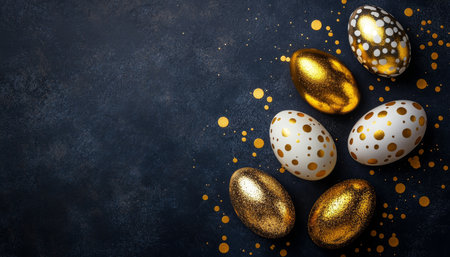 Elegant Easter Golden and White Patterned Eggs on Blue Background, Celebration Conceptの素材