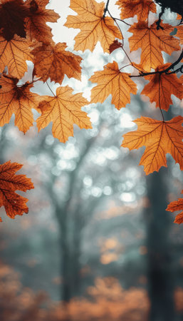Golden Autumn Leaves, Soft Focus Forest Background. Natural Fall Colors, Tranquil Nature Scene.の素材