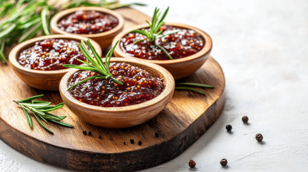 Homemade Fig Jam in Wooden Bowls with Rosemary Garnished Culinary Delights on White , Copy Spaceの素材