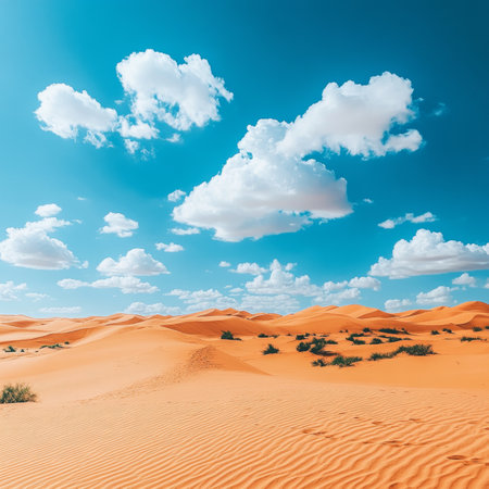 Golden Sand Dunes Under a Vivid Blue Sky with Picturesque White Clouds, Desert Panoramaの素材
