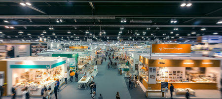 Blurred Crowded Trade Show Event, People Walking by Company Stands. Business Backgroundの素材