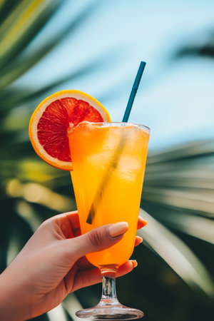 Refreshing Summer Cocktail Woman Holds a Cool Citrus Drink with Tropical Background.の素材