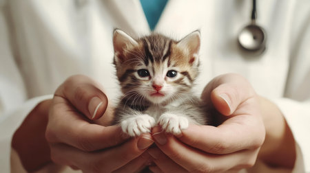 Tiny Tabby Kitten Securely Cradled in Veterinarians Hands, Veterinary Care and Health Conceptの素材
