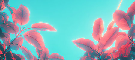 Vibrant, Colorful Leaves On A Teal Blue Background With Neon, Artistic Seasonal Bannerの素材