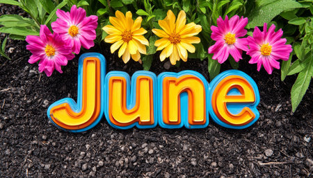 Blooming June A Colorful Garden Scene Featuring Vibrant Flowers and Bold, Layered Textの素材