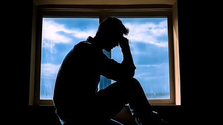 Silhouette of a Depressed Lonely Man Sitting by Window Contemplating Lifes Challenges.の素材