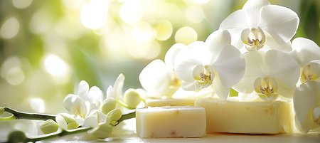 Elegant Spa Setting Organic Soap Bars and White Orchids for Luxurious Skin Care and Relaxationの素材