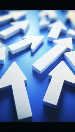 Multiple White Arrows Pointing Upwards, Concept of Growth and Progress on Blue Backgroundの素材
