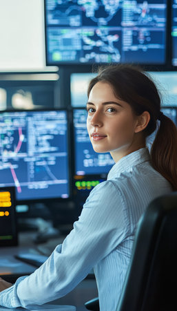 Focused Female Controller Monitoring Air Traffic on Multiple Digital Displays in Control Roomの素材