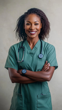 Confident African American Female Doctor Smiling with Arms Crossed, Healthcare Professional Portraitの素材