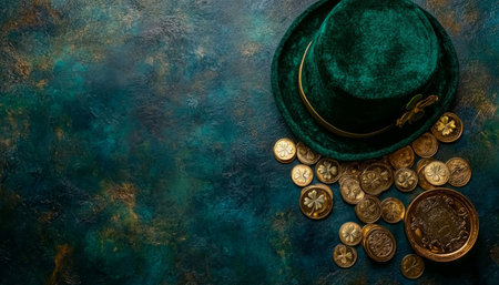 St. Patricks Day Background, Green Velvet Hat, Gold Coins, And Clover Leaves On Greenの素材