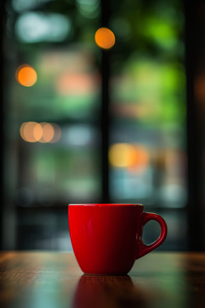 Red coffee cup on a wooden table in a cafe. Cozy atmosphere with a blurred background.の素材