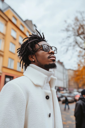 Confident Black Man in Stylish Winter Attire, City Street Style, Urban Fashion Portraitの素材