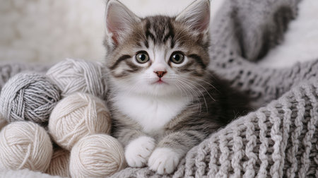 Adorable Kitten Relaxes on Cozy Blanket with Yarn Balls, Perfect for Winter or Holiday Projectsの素材