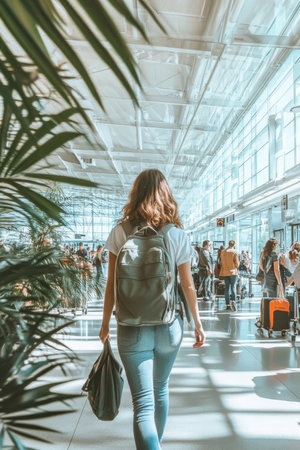 Young Woman, Backpack, Navigates Busy Airport Terminal, Sunlight Streaming through Windowsの素材