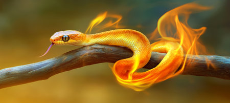 Fiery Serpent A Golden Snake Coiled Around a Burning Branch, Enveloped in Vivid Flamesの素材