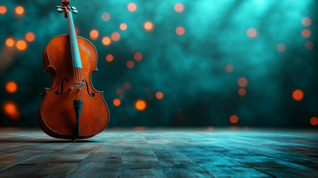Ethereal Spotlight A Single Cello Rests on a Wooden Stage Amidst Teal Background with Dreamy Bokehの素材