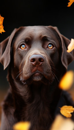 Autumns Embrace A Chocolate Labrador Retrievers Soulful Gaze Amidst Falling Leavesの素材