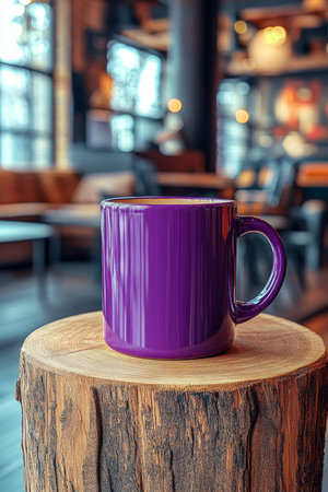 Stylish Purple Coffee Mug on Rustic Wooden Stand, Enjoying a Warm Beverage in Cozy Cafe Atmosphere.の素材