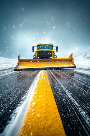 Heavy-Duty Snow Plow Clearing Snowy Road After Blizzard, Ensuring Safe Winter Transportationの素材