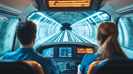 Subway Driver and Operator Control Modern Train in City Tunnel, Transportation Systemの素材