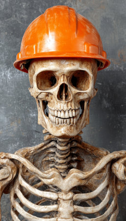 Skeleton Construction Worker with Orange Hardhat, Safety and Occupational Hazards Conceptの素材