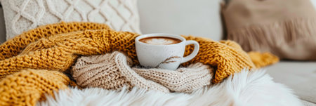 Cozy Autumn Still Life With Knitted Blanket, Coffee Cup On Sofa, Warm Home Atmosphereの素材