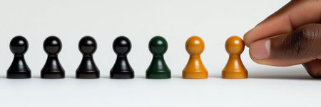 Standing Out, Unique Individuality A Single Pawn of Color Amongst A Line of Identical Black Pawns.の素材