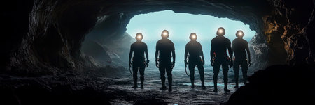 Silhouettes Of Miners Embarking On An Underground Expedition, Exploring The Depths Of A Caveの素材