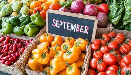 September Harvest Bounty Vibrant Farmers Market Display Celebrates Autumns Abundanceの素材