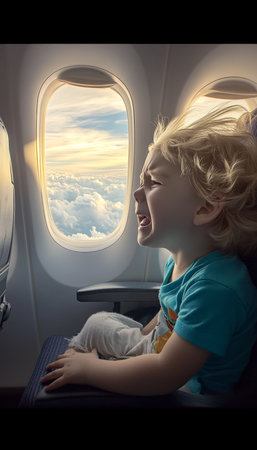Little Girl, Windblown Blonde Hair, Smiling and Enjoying Airplane Window View, Travel Conceptの素材