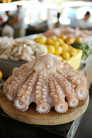 Fresh Octopus Displayed On A Cutting Board at A Busy Seafood Market With Other Seafoodの素材