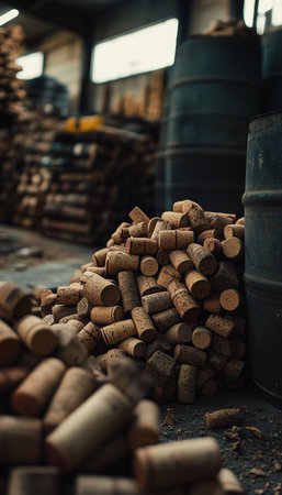 Piles Of Used Wine Bottle Corks On A Dirty Warehouse Floor, Recycling And Sustainability.の素材