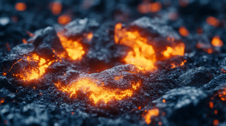 Volcanic inferno, texture of molten lava and rocks, fiery background, magma, natural disaster.の素材