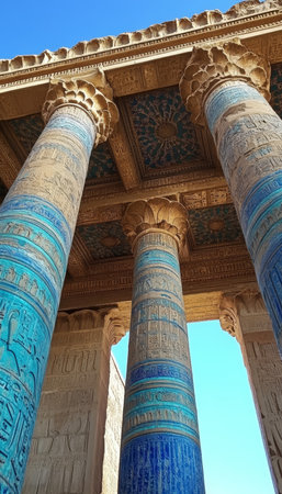 Ancient Egyptian Temple with Painted Columns and Hieroglyphics, Architectural Detail.の素材